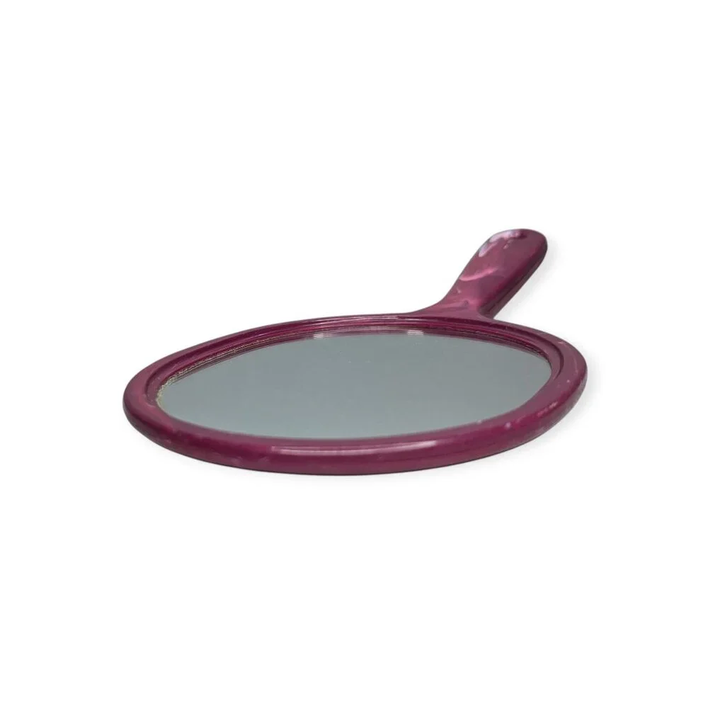 Vintage Plastic Marbled Dark Pink Handheld Mirror